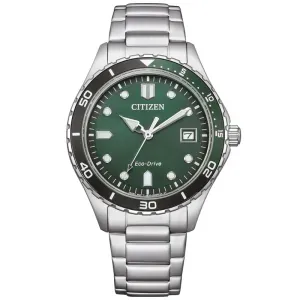 Ανδρικό ρολόι CITIZEN AW1828-80X Eco Drive από ανοξείδωτο ατσάλι με πράσινο καντράν και ασημί μπρασελέ.