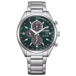 Ανδρικό ρολόι CITIZEN CA0459-79X Eco Drive από ανοξείδωτο ατσάλι με πράσινο καντράν και ασημί μπρασελέ.