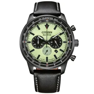 Ανδρικό ρολόι CITIZEN CA4505-21X Eco Drive από ανοξείδωτο ατσάλι με πράσινο καντράν και μαύρο δερμάτινο λουράκι.