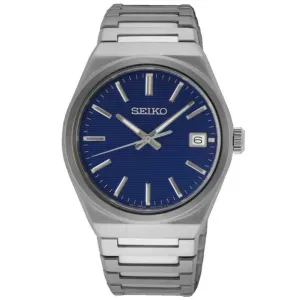 Ανδρικό ρολόι SEIKO SUR555P1 Essential Time από ανοξείδωτο ατσάλι με μπλε καντράν και ασημί μπρασελέ.