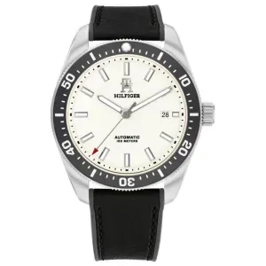 Aνδρικό ρολόι Tommy Hilfiger 1792153 TH85 Automatic από ανοξείδωτο ατσάλι με λευκό καντράν και μαύρο δερμάτινο λουράκι.