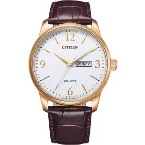 Ανδρικό ρολόι CITIZEN BM8553-16AE Eco-Drive από ανοξείδωτο ατσάλι με λευκό καντράν και καφέ δερμάτινο λουράκι.