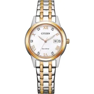 Γυναικείο ρολόι CITIZEN FE1246-85A Eco-Drive από ανοξείδωτο ατσάλι με λευκό καντράν και μπρασελέ.