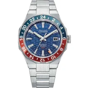 Ανδρικό Ρολόι CITIZEN Αυτόματο Series 8 NB6030-59L GMT από ανοξείδωτο ατσάλι με μπλε καντράν και μπρασελέ.