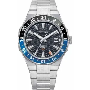 Ανδρικό Ρολόι CITIZEN Αυτόματο Series 8 NB6031-56E GMT από ανοξείδωτο ατσάλι με μαύρο καντράν και μπρασελέ.