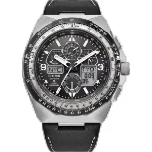 Ανδρικό Ρολόι CITIZEN JY8149-05E SKYHAWK Promaster Eco-Drive Radio Controlled με μαύρο καντράν και μαύρο δερμάτινο λουράκι.