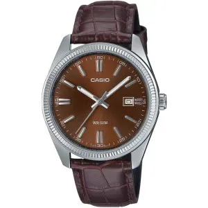 Ρολόι CASIO MTP-1302PL-5AVEF Collection με καφέ καντράν και καφέ δερμάτινο λουράκι.