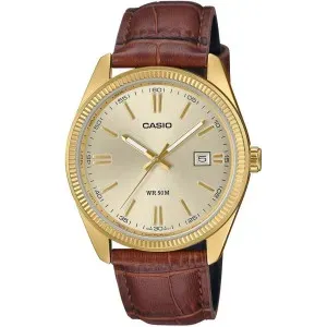 Ρολόι CASIO MTP-1302PGL-9AVEF Collection με χρυσό καντράν και καφέ δερμάτινο λουράκι.