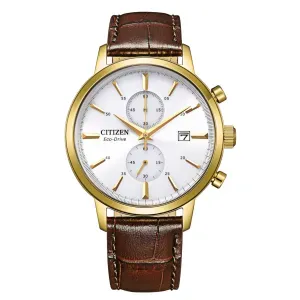 Ανδρικό Ρολόι CITIZEN CA7062-15A Eco-Drive Chronograph με λευκό καντράν και καφέ Δερμάτινο Λουράκι