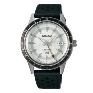 Ανδρικό ρολόι SEIKO SSK011J1 Presage Style 60s Automatic από ανοξείδωτο ατσάλι με λευκό καντράν και μαύρο δερμάτινο λουράκι.