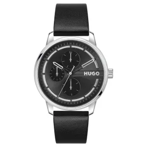 Ανδρικό ρολόι HUGO BOSS 1530366 Stamp από ανοξείδωτο ατσάλι με μαύρο καντράν και μαύρο δερμάτινο λουράκι.