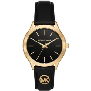 Γυναικείο Ρολόι Michael Kors MK7482 Slim Runway από ανοξείδωτο ατσάλι με μαύρο καντράν και μαύρο δερμάτινο λουράκι.