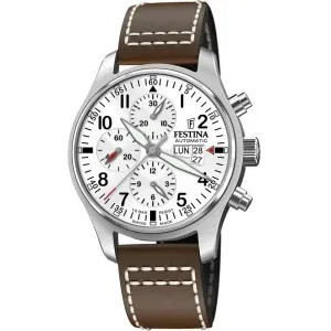 Aνδρικό ρολόι FESTINA F20150/1 Automatic από ανοξείδωτο ατσάλι με λευκό καντράν και καφέ δερμάτινο λουράκι.