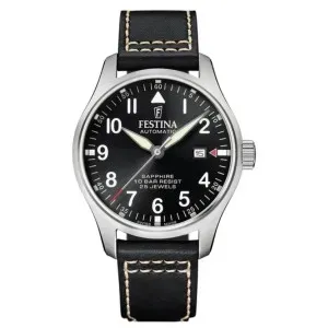 Aνδρικό ρολόι FESTINA Automatic F20151/4 Automatic από ανοξείδωτο ατσάλι με μαύρο καντράν και μαύρο δερμάτινο λουράκι.