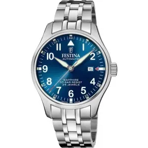 Ανδρικό Ρολόι FESTINA F20151/C 🇨🇭 Automatic από ανοξείδωτο ατσάλι με μπλε καντράν και ασημί μπρασελέ.