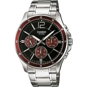 Ανδρικό Ρολόι CASIO MTP-1374PD-5AVEF από ανοξείδωτο ατσάλι με μαύρο καντράν και ασημί μπρασελέ.