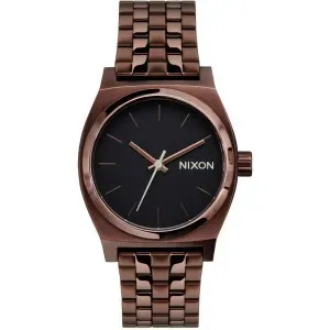 Ρολόι NIXON A1130-5244-00 Time Medium Teller από ανοξείδωτο ατσάλι με μαύρο καντράν και καφέ μπρασελέ.