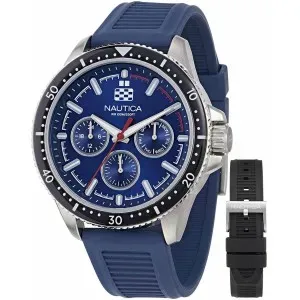 Ανδρικό Ρολόι NAUTICA NAPWRF409 Gift Set NCT Windrose από ανοξείδωτο ατσάλι με μπλε καντράν και μπλε καουτσούκ λουράκι.