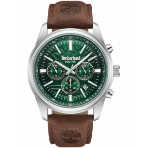 Ανδρικό ρολόι TIMBERLAND TDWGF0041206 Northbridge Dual Time από ανοξείδωτο ατσάλι με πράσινο καντράν και καφέ δερμάτινο λουράκι.