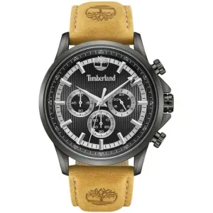 Ανδρικό ρολόι TIMBERLAND TDWGF0054603 Bernardston από ανοξείδωτο ατσάλι με μαύρο καντράν και καφέ δερμάτινο λουράκι.