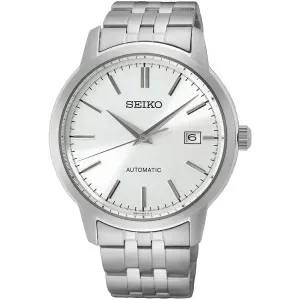 Ανδρικό ρολόι SEIKO SRPH85K1 Essential Time Automatic από ανοξείδωτο ατσάλι με λευκό καντράν και ασημί μπρασελέ.