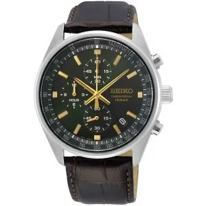 Ανδρικό ρολόι SEIKO SSB385P1 Conceptual από ανοξείδωτο ατσάλι με πράσινο καντράν και καφέ δερμάτινο λουράκι.