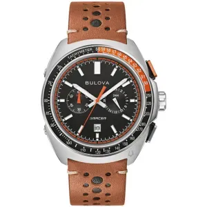 Ανδρικό ρολόι BULOVA 98B427 Racer από ανοξείδωτο ατσάλι με μαύρο καντράν και καφέ δερμάτινο λουράκι.