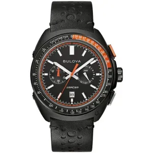 Ανδρικό ρολόι BULOVA 98B428 Racer από ανοξείδωτο ατσάλι με μαύρο καντράν και μαύρο δερμάτινο λουράκι.