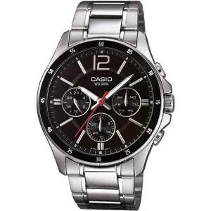 Ανδρικό Ρολόι CASIO MTP-1374PD-1AVEF από ανοξείδωτο ατσάλι με μαύρο καντράν και ασημί μπρασελέ.