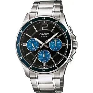 Ανδρικό Ρολόι CASIO MTP-1374PD-2AVEF από ανοξείδωτο ατσάλι με μαύρο-μπλε καντράν και ασημί μπρασελέ.