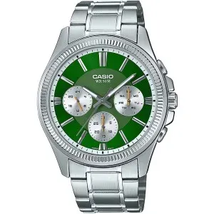 Ανδρικό Ρολόι CASIO MTP-1375PD-3AVEF από ανοξείδωτο ατσάλι με πράσινο καντράν και ασημί μπρασελέ.