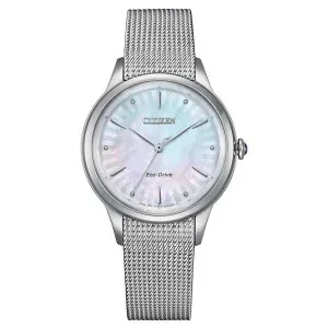 Γυναικείο ρολόι CITIZEN EM1150-86D Eco-Drive από ανοξείδωτο ατσάλι με φίλντισι καντράν και μπρασελέ.