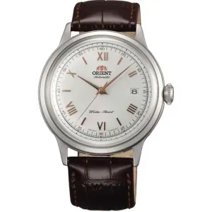 Ανδρικό ρολόι Orient TAC00008W Classic Automatic από ανοξείδωτο ατσάλι με λευκό καντράν και καφέ δερμάτινο λουράκι.