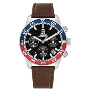 Ανδρικό ρολόι Tommy Hilfiger 1792166 TH85 από ανοξείδωτο ατσάλι με μαύρο καντράν και καφέ δερμάτινο λουράκι.