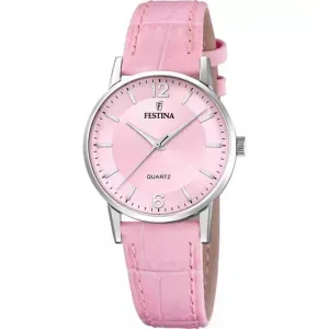 Γυναικείο ρολόι FESTINA F20691/3 από ανοξείδωτο ατσάλι με ροζ καντράν και ροζ δερμάτινο λουράκι.