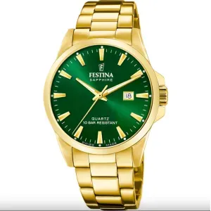 Ανδρικό ρολόι FESTINA F20044/5 με χρυσό μπρασελέ από ανοξείδωτο ατσάλι και πράσινο καντράν.