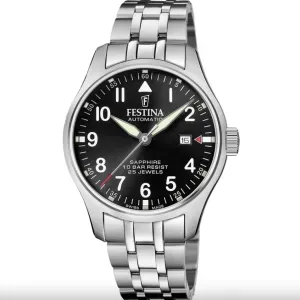 Ανδρικό ρολόι FESTINA 🇨🇭 F20151/D SWISS AUTOMATIC με ασημένιο μπρασελέ από ανοξείδωτο ατσάλι και μαύρο καντράν.