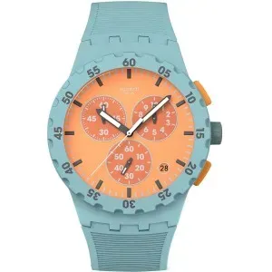 Ρολόι Swatch SUSL401 Essentials Juicy Apricot με πορτοκαλί καντράν και τιρκουάζ καουτσούκ λουράκι.