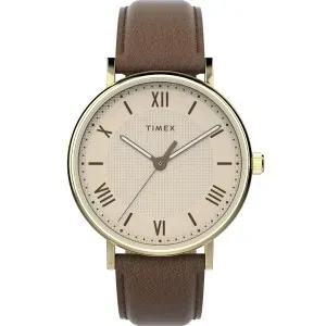 Ανδρικό ρολόι TIMEX TW2V91300 Dress Southview με μπεζ καντράν και καφέ δερμάτινο λουράκι.