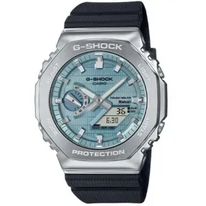 Ανδρικό ρολόι CASIO G-SHOCK GBM-2100A-1A2ER Solar Bluetooth με γαλάζιο καντράν και μαύρο καουτσούκ λουράκι.