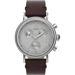 Ρολόι TIMEX TW2W20800 Waterbury Chronograph με ασημί καντράν και καφέ δερμάτινο λουράκι.