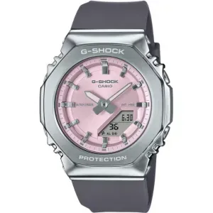 Ρολόι CASIO G-SHOCK GM-S2110-4AER με ροζ καντράν και γκρι καουτσούκ λουράκι.