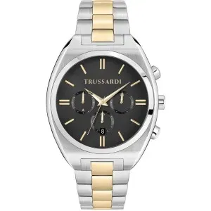 Ανδρικό ρολόι TRUSSARDI R2453159009 Metropolitan από ανοξείδωτο ατσάλι με μαύρο καντράν και ασημί-χρυσό μπρασελέ.