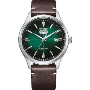 Ανδρικό ρολόι CITIZEN NH8390-03XE Automatic από ανοξείδωτο ατσάλι με πράσινο καντράν και καφέ δερμάτινο λουράκι.