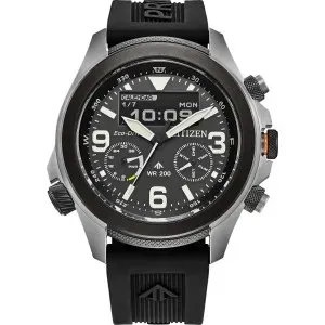 Ανδρικό Ρολόι CITIZEN Promaster JV1007-07E Land Eco Drive από ανοξείδωτο ατσάλι με μαύρο καντράν και μαύρο συνθετικό λουράκι.