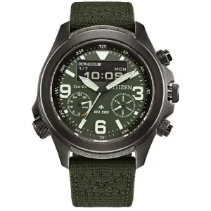 Ανδρικό Ρολόι CITIZEN Promaster JV1005-02W Land Eco Drive από ανοξείδωτο ατσάλι με πράσινο καντράν και χακί υφασμάτινο λουράκι.