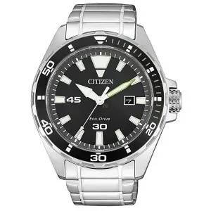 Ανδρικό ρολόι CITIZEN BM7451-89E Eco-Drive Divers από ανοξείδωτο ατσάλι με μαύρο καντράν και μπρασελέ.