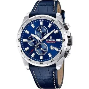 Ρολόι FESTINA F20692/2 Chronograph από ανοξείδωτο ατσάλι με μπλε καντράν και μπλε δερμάτινο λουράκι.