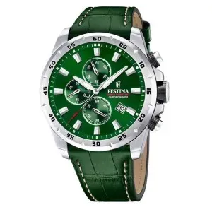 Ρολόι FESTINA F20692/3 Chronograph από ανοξείδωτο ατσάλι με πράσινο καντράν και πράσινο δερμάτινο λουράκι.