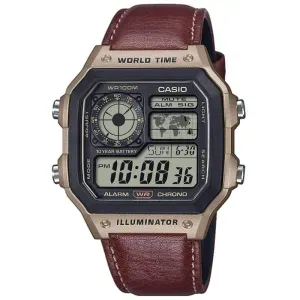 Ανδρικό ρολόι Casio Collection AE-1200WHL-5AVEF με ψηφιακό καντράν και καφέ δερμάτινο λουράκι.